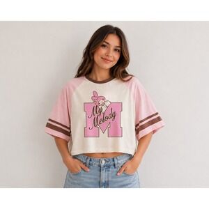 Sanrio Hello Kitty and Friends My Melody Raglan Crop Top Pink Cream Brown Medium